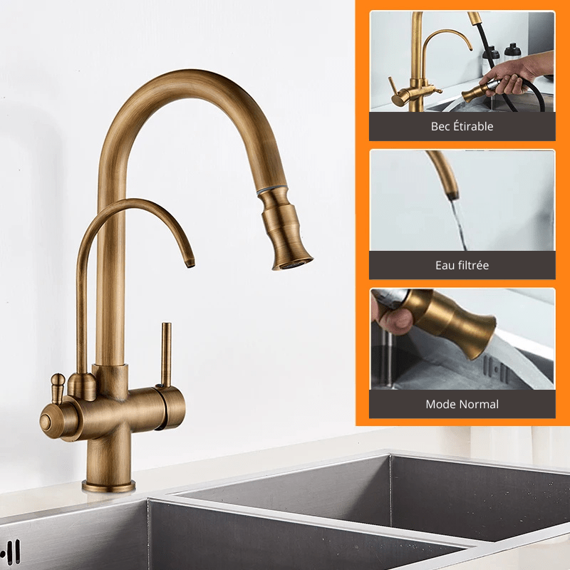 Antique Brass  Water Filter Kitchen Faucet Dual Handle Hot Cold Drinking Water Filter Faucet Pull Out  Purification Feature Taps Style Antique Doré