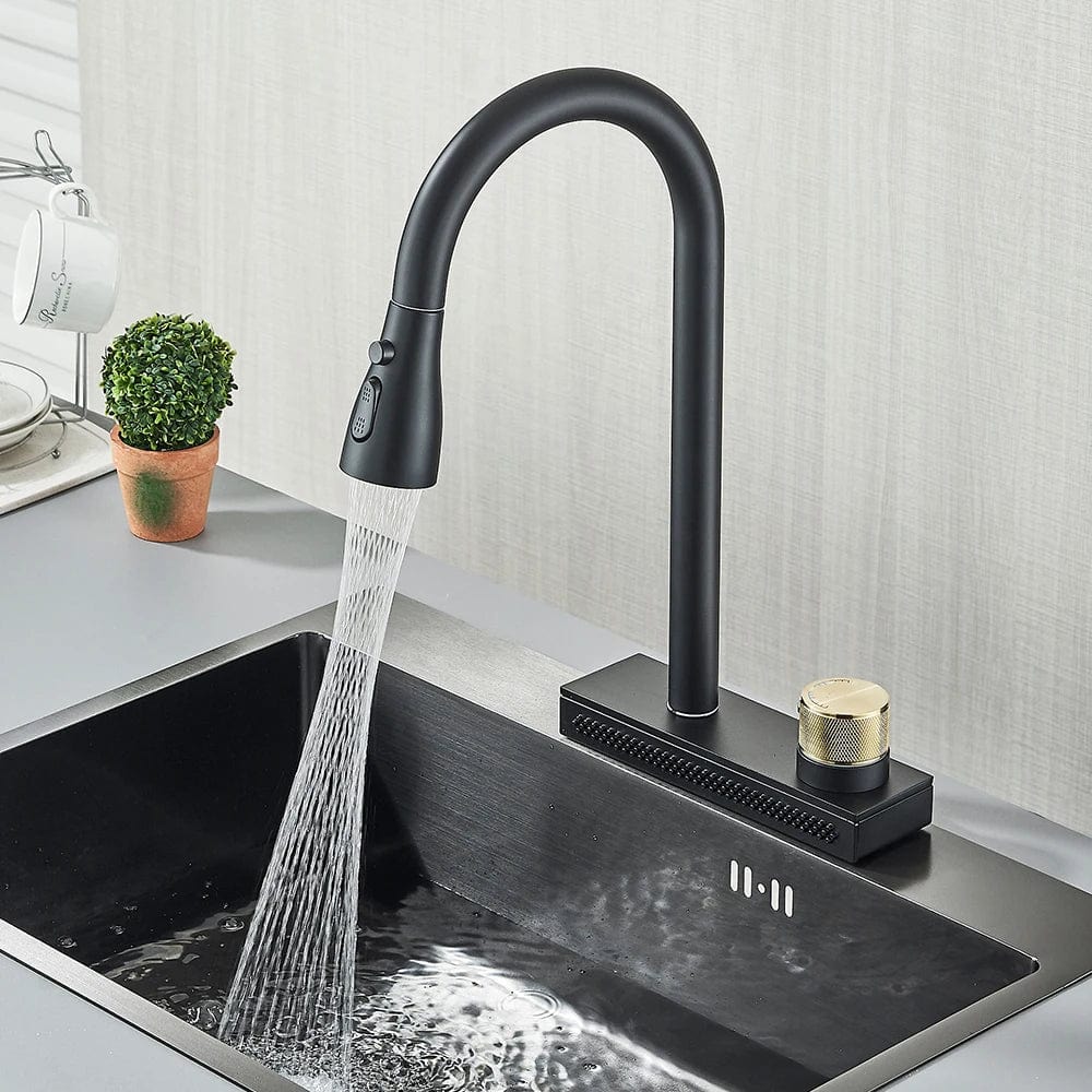 Black Kitchen Faucet With Rainfall Waterfall Wash 4 Function Brass Single Hole Pull Out Mixer Hot Cold Water Taps Deck Mounted
