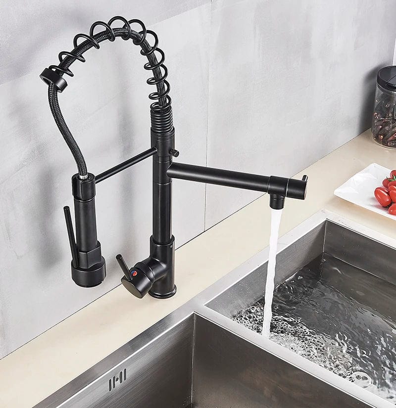 Black Pull Down Brass Kitchen Sink Faucet Hot Cold Water Mixer Crane Tap with Dual Spout 360 Rotation High Faucet Deck Mounted