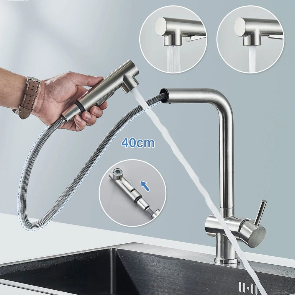 Brushed Nickel Pull Out Kitchen Sink Faucet High Pressure Two Model Stream Sprayer Nozzle Stainless Steel Tap Deck Install