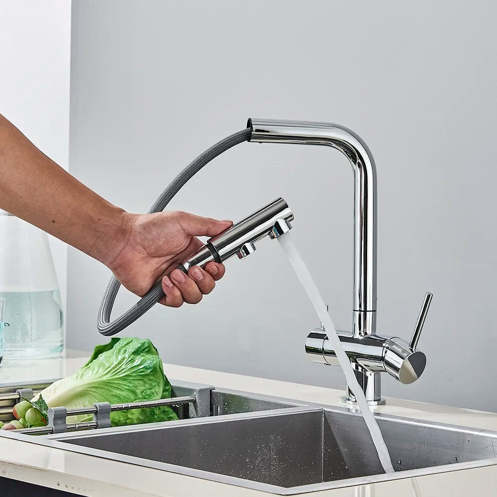 Chrome Brass Pull Out Filtered Kitchen Faucet Dual Handle Hot Cold Drinking Water 3-Way Filter Purification Mixer Taps