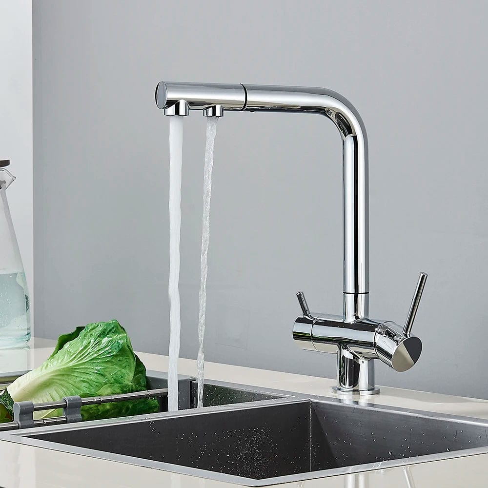 Chrome Brass Pull Out Filtered Kitchen Faucet Dual Handle Hot Cold Drinking Water 3-Way Filter Purification Mixer Taps