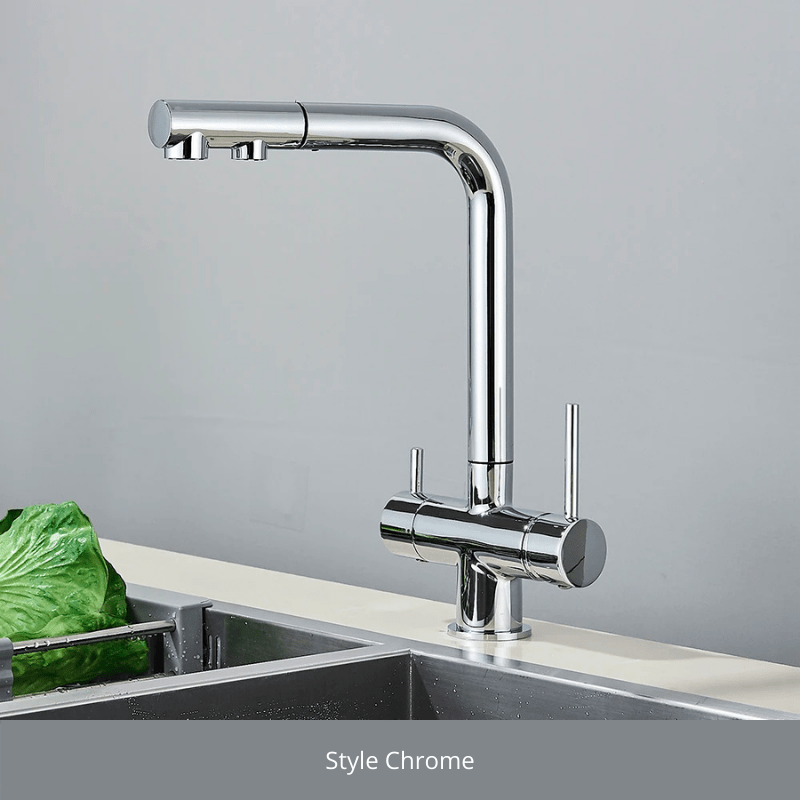 Chrome Brass Pull Out Filtered Kitchen Faucet Dual Handle Hot Cold Drinking Water 3-Way Filter Purification Mixer Taps Style Chrome