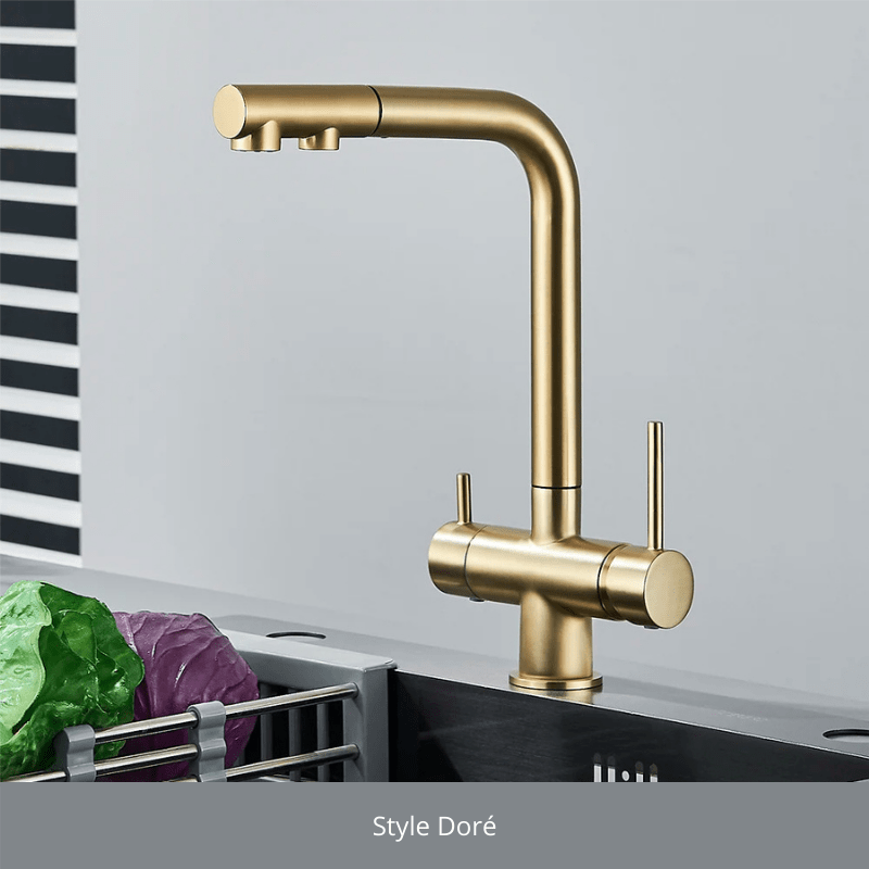 Chrome Brass Pull Out Filtered Kitchen Faucet Dual Handle Hot Cold Drinking Water 3-Way Filter Purification Mixer Taps Style Doré