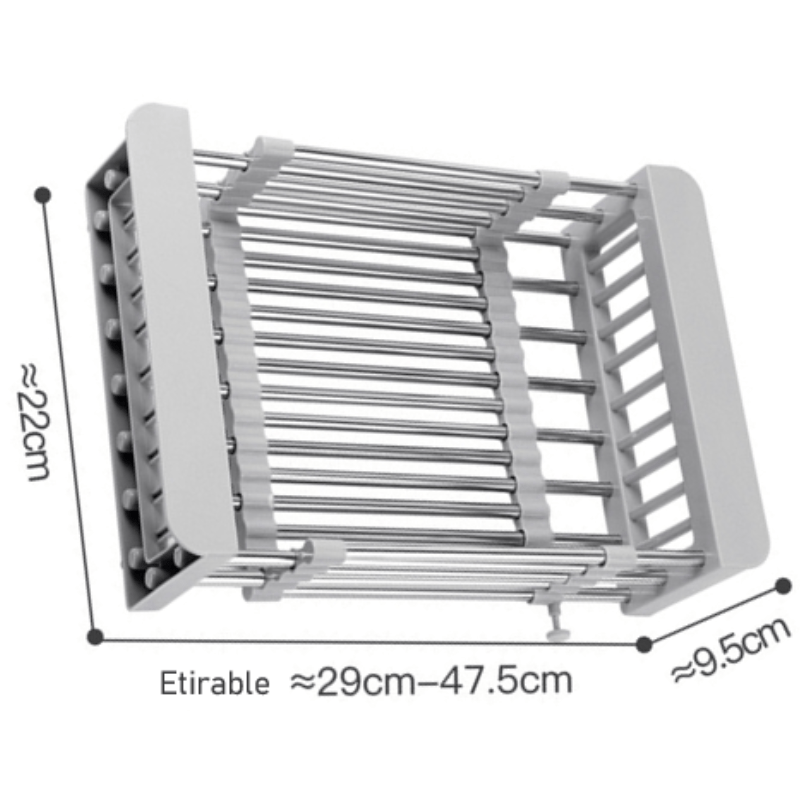 Égouttoir Vaisselle Pliable en Métal 24.5x16.5x9.5 29 à 47.5 déplié x 22 x 9.5 / Gris / Métal & Plastique