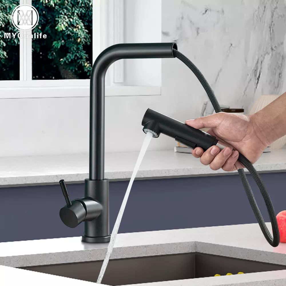 Free Shipping Black Pull Out Kitchen Sink Faucet Two Model Stream Sprayer Nozzle Stainless Steel Hot Cold Wate Mixer Tap Deck