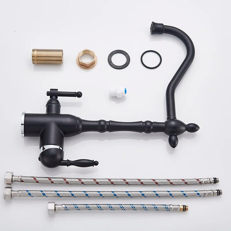 Matte Black Kitchen Sink Faucet Pure Water Filter Drink Mixer Tap Dual Handles Two Spout Bathroom Kitchen Tap Hot Cold Crane