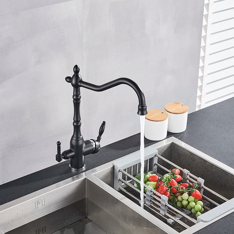 Matte Black Kitchen Sink Faucet Pure Water Filter Drink Mixer Tap Dual Handles Two Spout Bathroom Kitchen Tap Hot Cold Crane