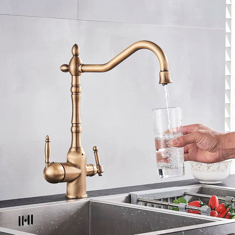 Matte Black Kitchen Sink Faucet Pure Water Filter Drink Mixer Tap Dual Handles Two Spout Bathroom Kitchen Tap Hot Cold Crane Antique Braass / CHINA