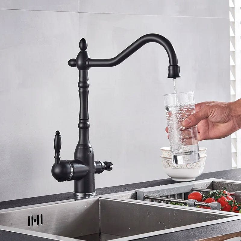 Matte Black Kitchen Sink Faucet Pure Water Filter Drink Mixer Tap Dual Handles Two Spout Bathroom Kitchen Tap Hot Cold Crane Black / CHINA