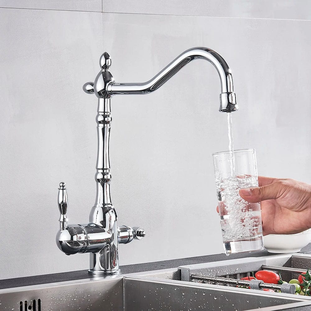 Matte Black Kitchen Sink Faucet Pure Water Filter Drink Mixer Tap Dual Handles Two Spout Bathroom Kitchen Tap Hot Cold Crane Chrome / CHINA