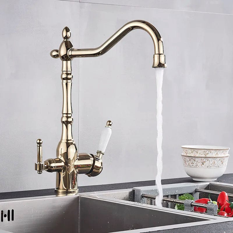 Matte Black  Kitchen Sink Faucet Pure Water Filter Drink Mixer Tap Dual Handles Two Spout Bathroom Kitchen Tap Hot Cold Crane gold / CHINA