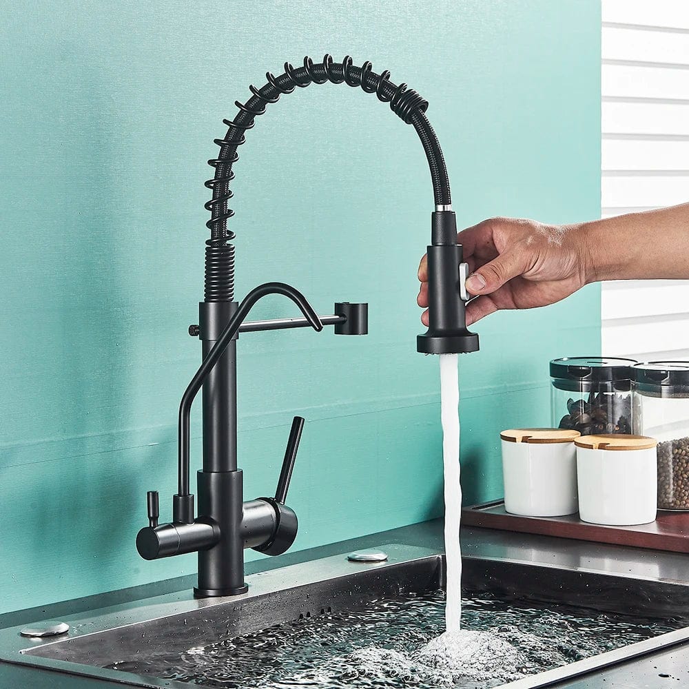 Matte Black Pure Water Filter Kitchen Faucet Dual Handle Hot and Cold Drinking Water Pull Out  Kitchen Mixer Taps Purification