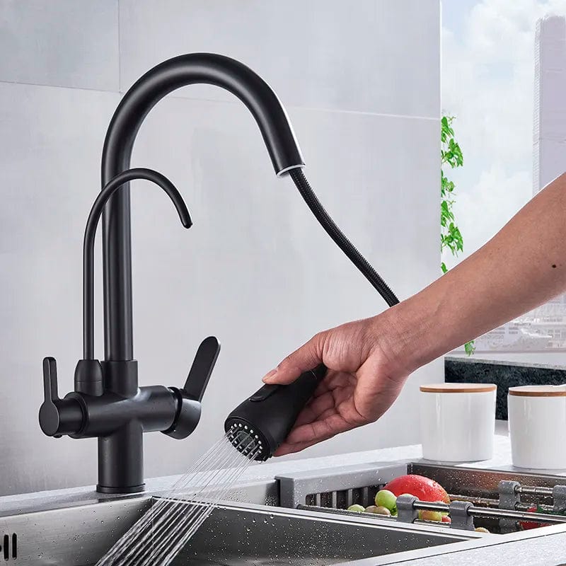 Matte Black Pure Water Kitchen Faucet Dual Handle Hot and Cold Drinking Water Pull Out  Kitchen Mixer Taps