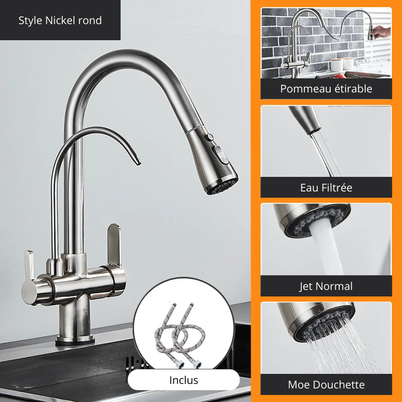 Matte Black Pure Water Kitchen Faucet Dual Handle Hot and Cold Drinking Water Pull Out  Kitchen Mixer Taps