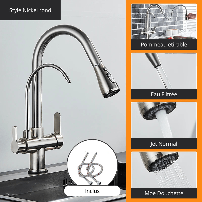 Matte Black Pure Water Kitchen Faucet Dual Handle Hot and Cold Drinking Water Pull Out Kitchen Mixer Taps