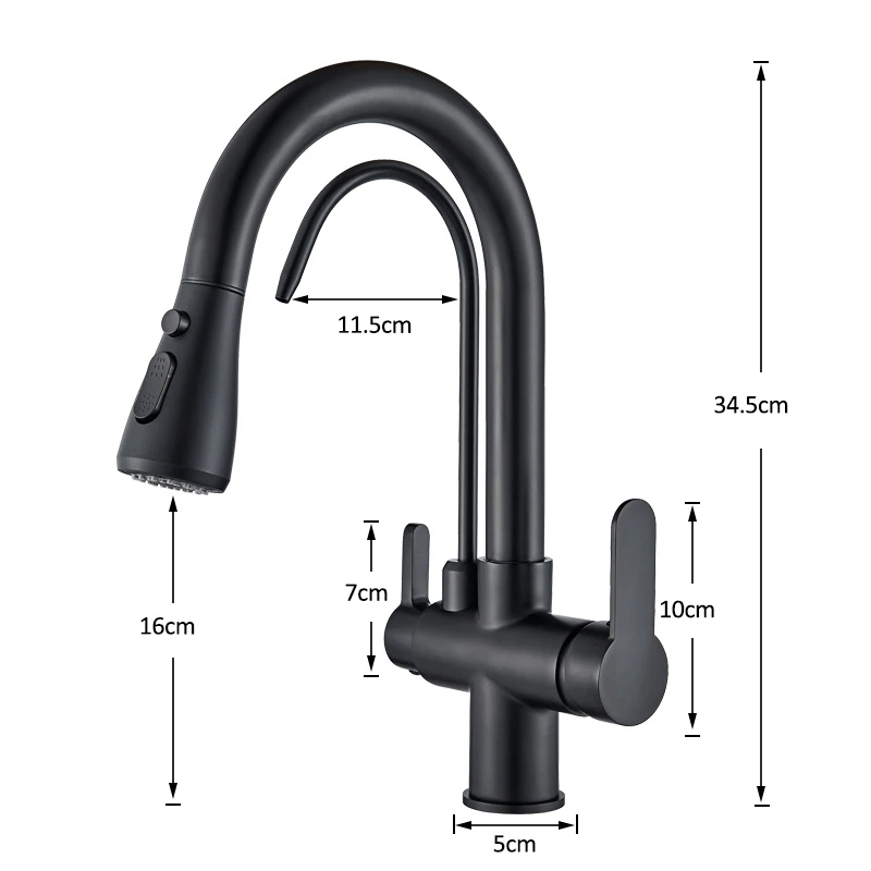 Matte Black Pure Water Kitchen Faucet Dual Handle Hot and Cold Drinking Water Pull Out  Kitchen Mixer Taps