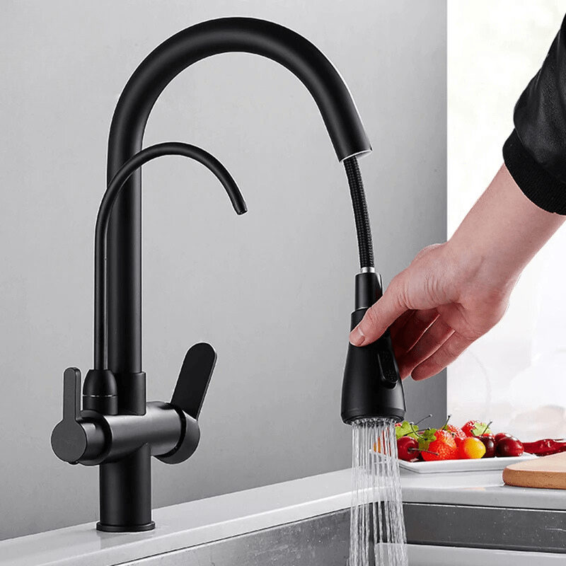 Matte Black Pure Water Kitchen Faucet Dual Handle Hot and Cold Drinking Water Pull Out Kitchen Mixer Taps