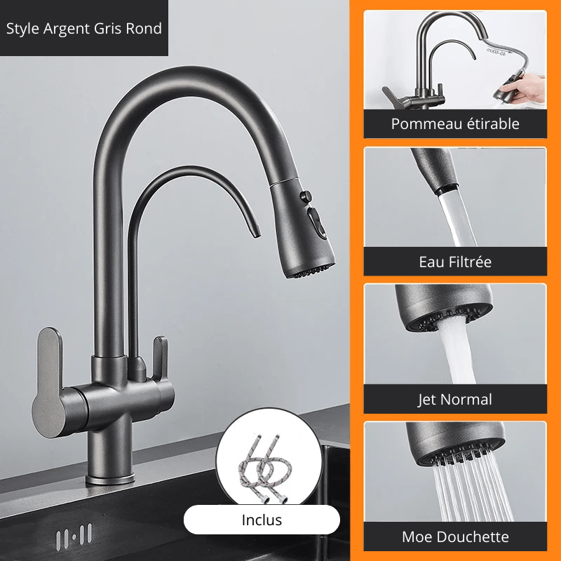 Matte Black Pure Water Kitchen Faucet Dual Handle Hot and Cold Drinking Water Pull Out Kitchen Mixer Taps Style Argent Gris 1 / Acier Inoxydable