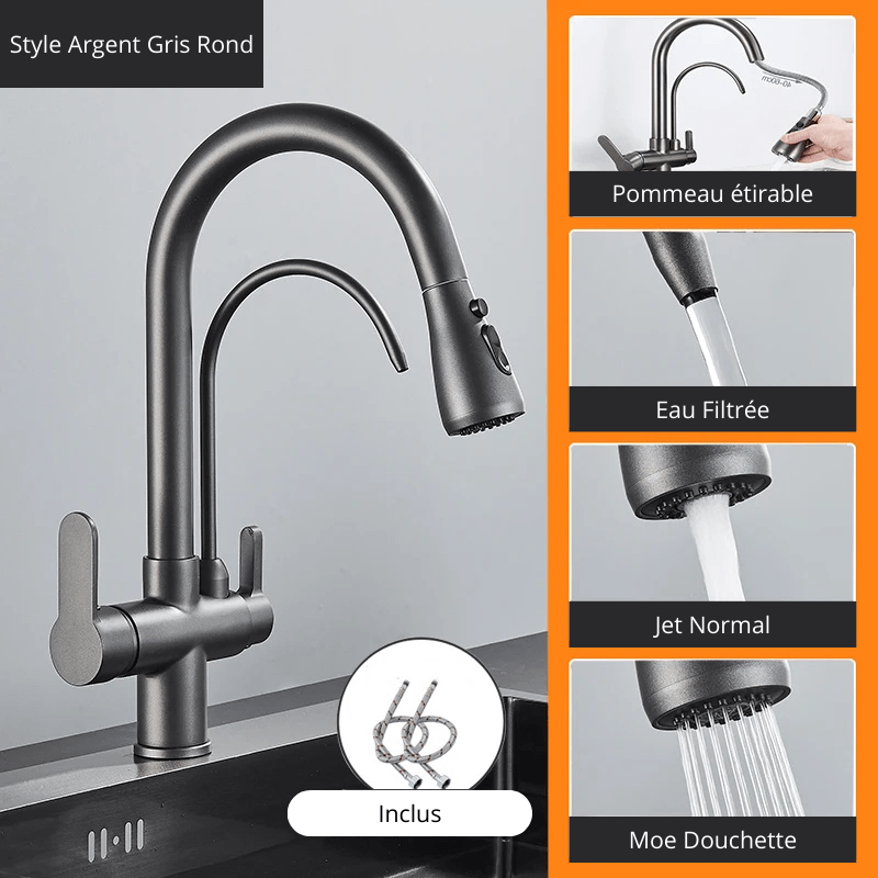 Matte Black Pure Water Kitchen Faucet Dual Handle Hot and Cold Drinking Water Pull Out  Kitchen Mixer Taps Style Argent Gris 1 / Acier Inoxydable