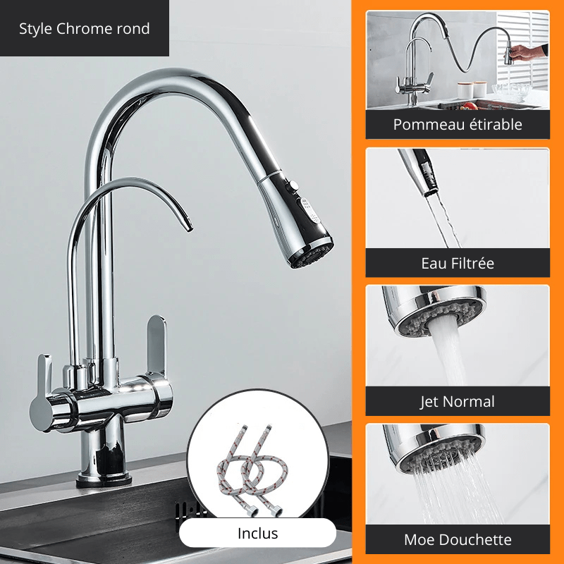 Matte Black Pure Water Kitchen Faucet Dual Handle Hot and Cold Drinking Water Pull Out Kitchen Mixer Taps Style Chrome 1 / Acier Inoxydable