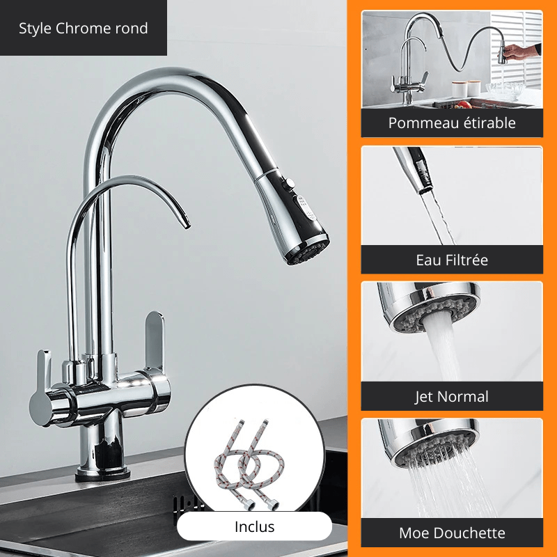 Matte Black Pure Water Kitchen Faucet Dual Handle Hot and Cold Drinking Water Pull Out  Kitchen Mixer Taps Style Chrome 1 / Acier Inoxydable