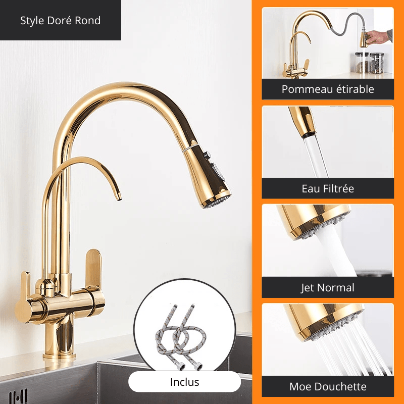 Matte Black Pure Water Kitchen Faucet Dual Handle Hot and Cold Drinking Water Pull Out  Kitchen Mixer Taps Style Doré / Acier Inoxydable