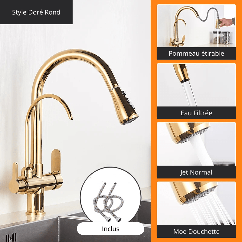 Matte Black Pure Water Kitchen Faucet Dual Handle Hot and Cold Drinking Water Pull Out Kitchen Mixer Taps Style Doré / Acier Inoxydable