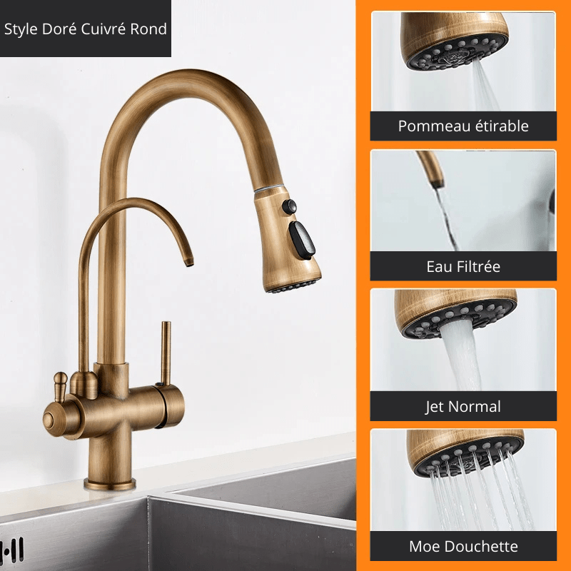Matte Black Pure Water Kitchen Faucet Dual Handle Hot and Cold Drinking Water Pull Out  Kitchen Mixer Taps Style Doré Cuivré / Acier Inoxydable