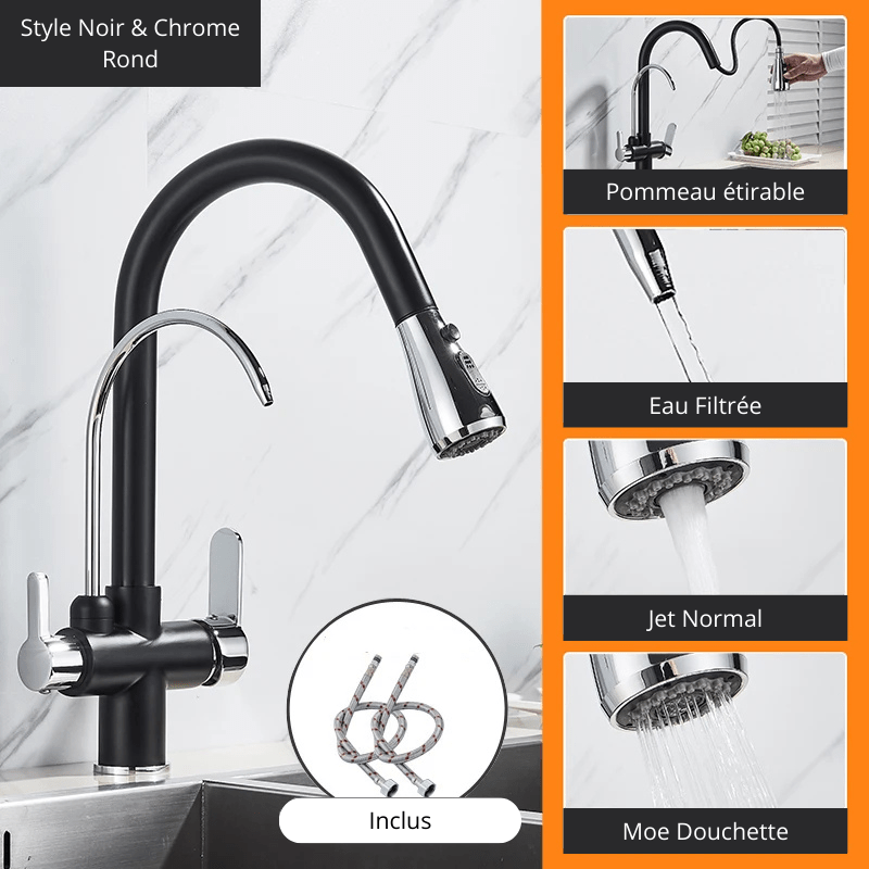 Matte Black Pure Water Kitchen Faucet Dual Handle Hot and Cold Drinking Water Pull Out  Kitchen Mixer Taps Style Noir & Chrome / Acier Inoxydable