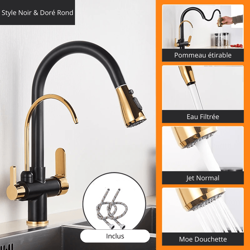 Matte Black Pure Water Kitchen Faucet Dual Handle Hot and Cold Drinking Water Pull Out Kitchen Mixer Taps Style Noir & Doré / Acier Inoxydable