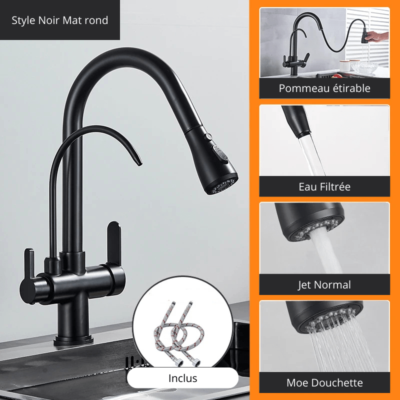 Matte Black Pure Water Kitchen Faucet Dual Handle Hot and Cold Drinking Water Pull Out  Kitchen Mixer Taps Style Noir Mat 1 / Acier Inoxydable