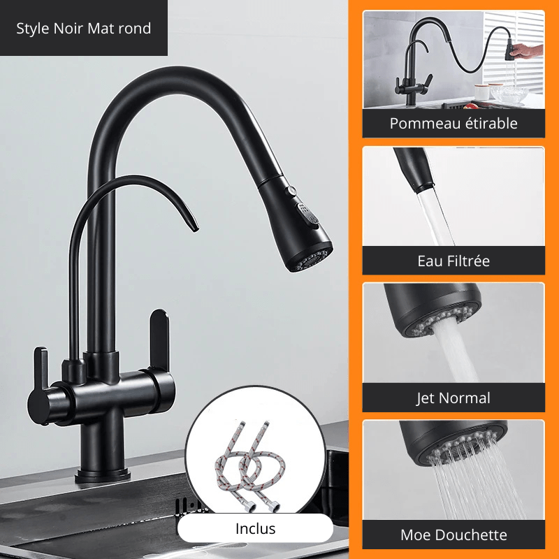 Matte Black Pure Water Kitchen Faucet Dual Handle Hot and Cold Drinking Water Pull Out Kitchen Mixer Taps Style Noir Mat 1 / Acier Inoxydable