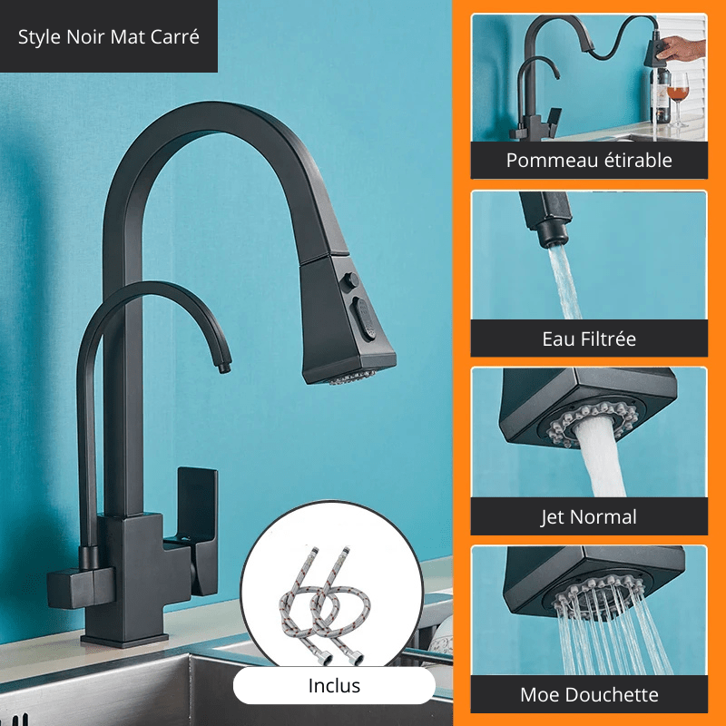 Matte Black Pure Water Kitchen Faucet Dual Handle Hot and Cold Drinking Water Pull Out  Kitchen Mixer Taps Style Noir Mat 3 / Acier Inoxydable