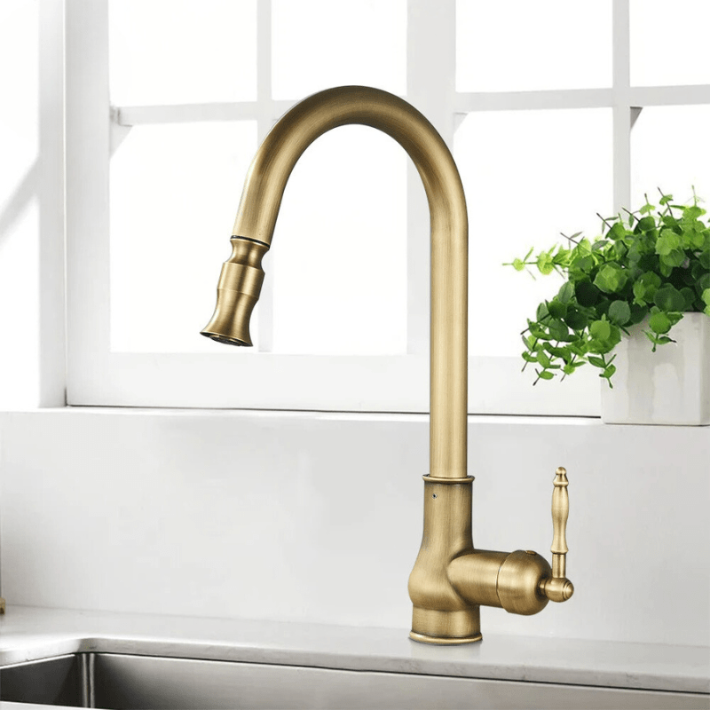 MYQualife Antique Brass Kitchen Sink Faucet Pull Down Swivel Spout Kitchen Deck Mounted Bathroom Hot and Cold Water Mixers