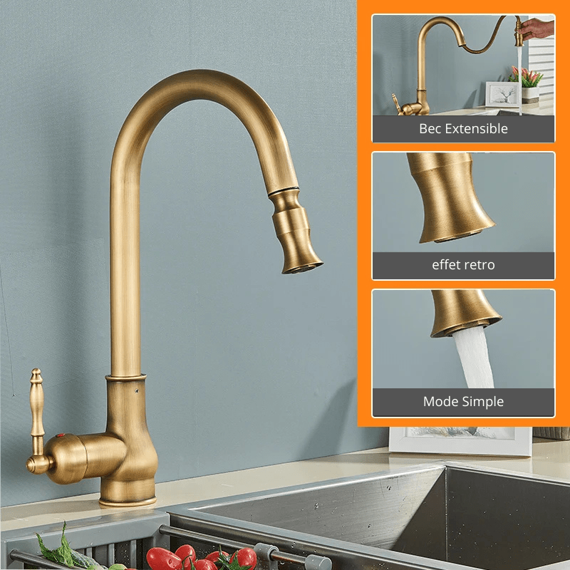 MYQualife Antique Brass Kitchen Sink Faucet Pull Down Swivel Spout Kitchen Deck Mounted Bathroom Hot and Cold Water Mixers Style Doré / Laiton