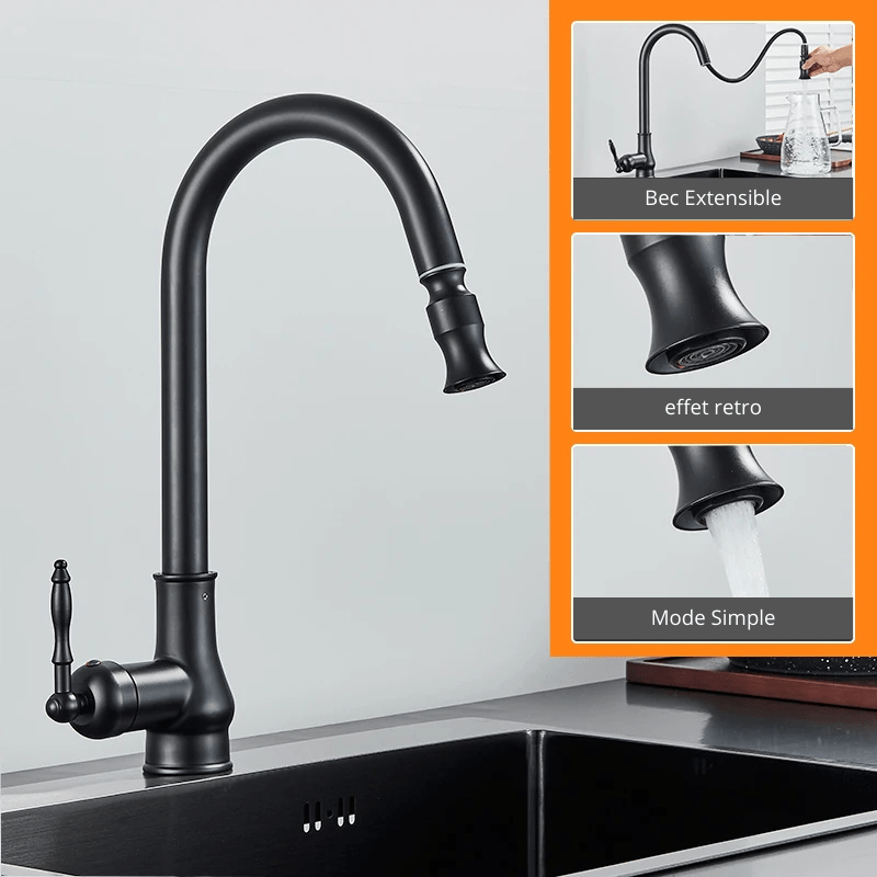 MYQualife Antique Brass Kitchen Sink Faucet Pull Down Swivel Spout Kitchen Deck Mounted Bathroom Hot and Cold Water Mixers Style Noir Mat / Laiton