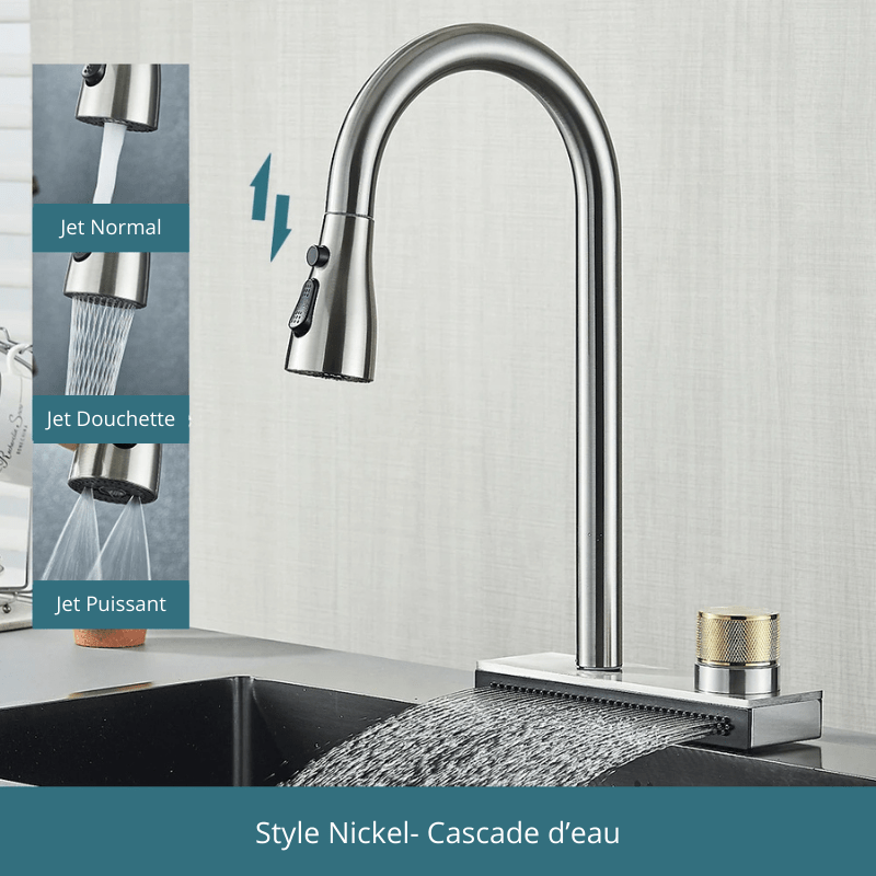 Robinet Cuisine 3 modes jets & cascade d'eau ! Style Nickel 1 / Acier Inoxydable