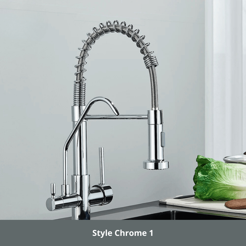 Robinet cuisine 3 voies style professionnel, deux jets ! Style Chrome 1 / Acier Inoxydable