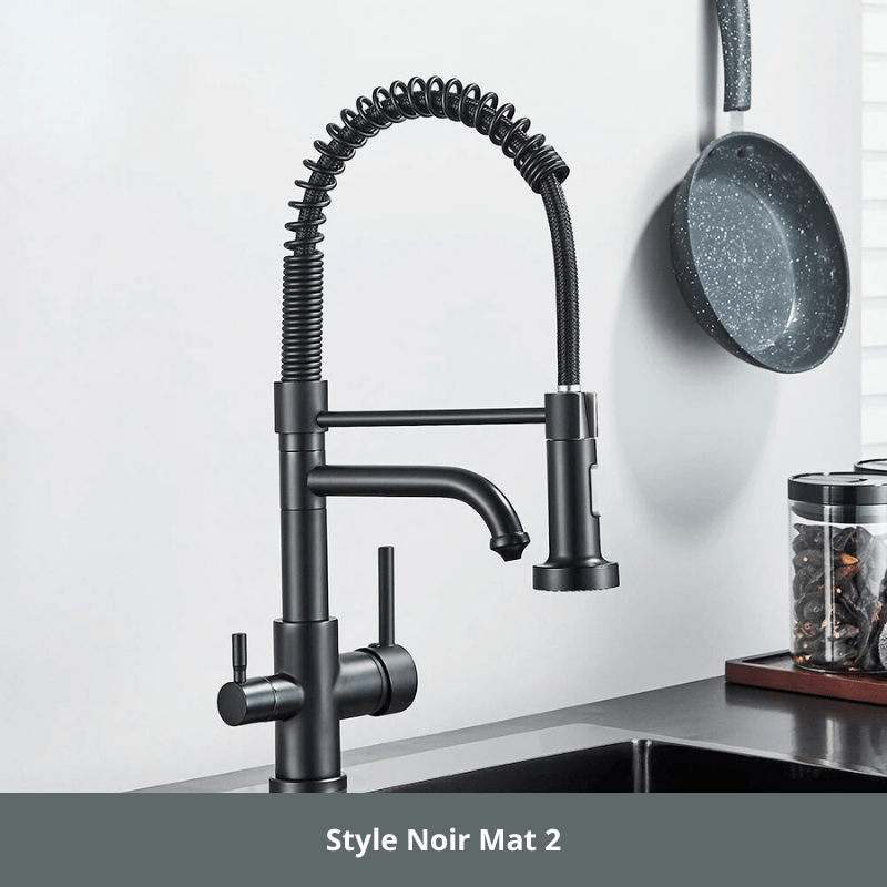 Robinet cuisine 3 voies style professionnel, deux jets ! Style Noir Mat 2 / Acier Inoxydable