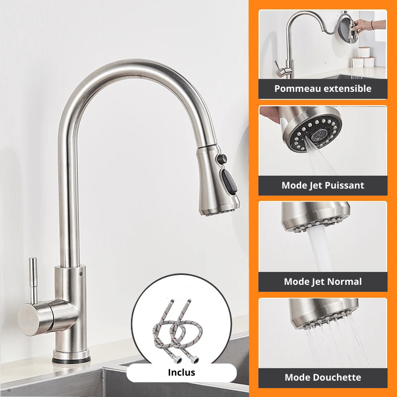 Robinet cuisine contemporain, 3 jets, bec extensible Style Argent / Laiton