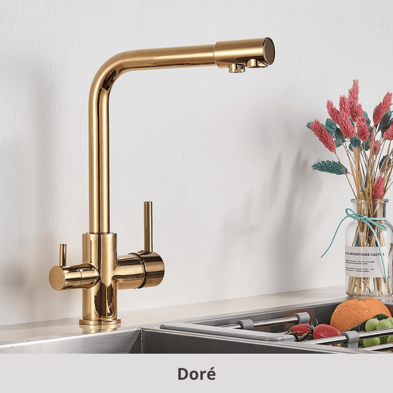 robinet cuisine double jets; 360°, Froid & Chaud ! Doré / Laiton