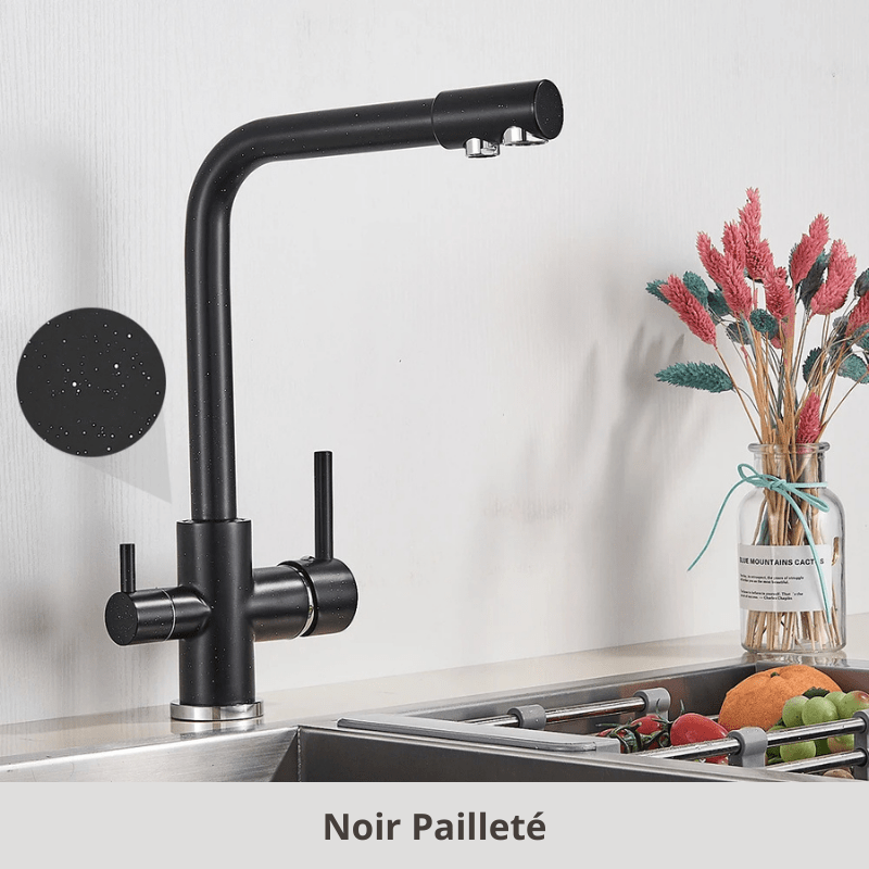 robinet cuisine double jets; 360°, Froid & Chaud ! Noir pailleté / Laiton