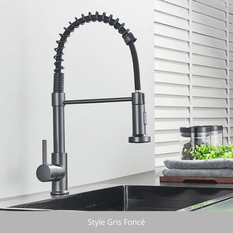 Silver Gray Kitchen Sink Faucet One Handle Spring Hot and Cold Water Tap Deck Mounted Bathroom Matte Black Kitchen Crane Style Gris Foncé