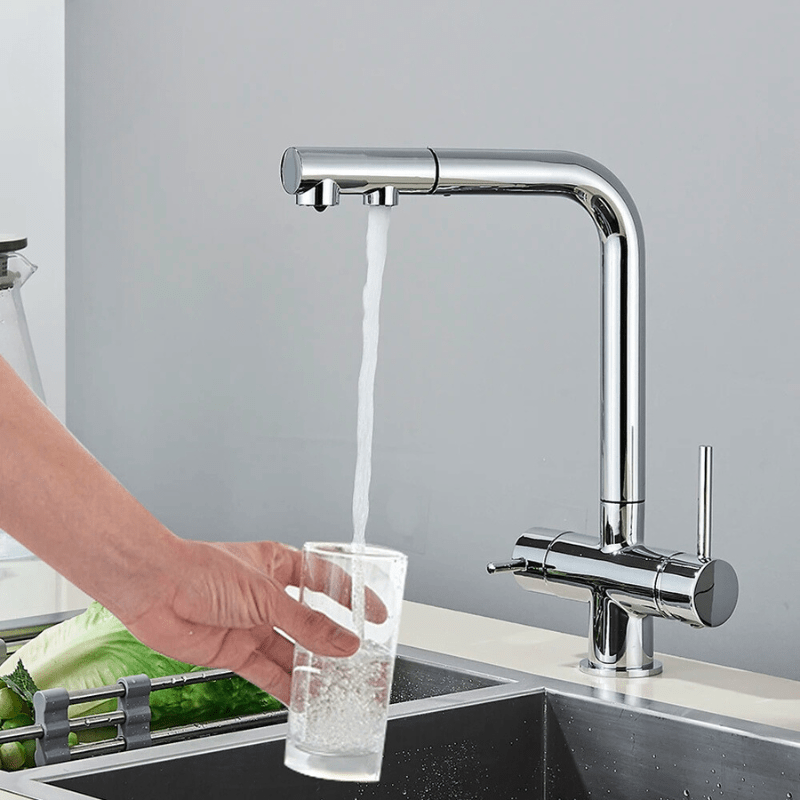 Chrome Brass Pull Out Filtered Kitchen Faucet Dual Handle Hot Cold Drinking Water 3-Way Filter Purification Mixer Taps