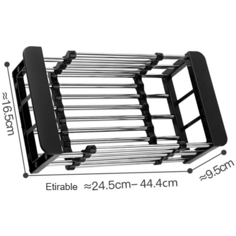 Égouttoir Vaisselle Pliable en Métal 24.5x16.5x9.5 24.5 à 44.4 déplié x 16.5 x 9.5 / Noir / Métal & Plastique