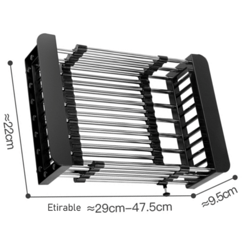 Égouttoir Vaisselle Pliable en Métal 24.5x16.5x9.5 29 à 47.5 déplié x 22 x 9.5 / Noir / Métal & Plastique