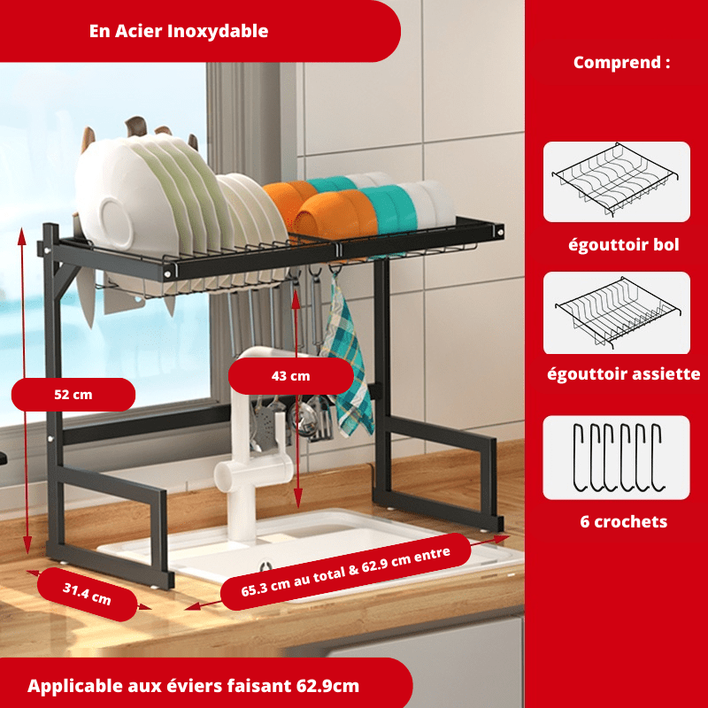 Egouttoir Vaisselle Surélevé Noir Inox, 3 supports 65.3 x 31.4 x 52 / Noir / Acier Inoxydable