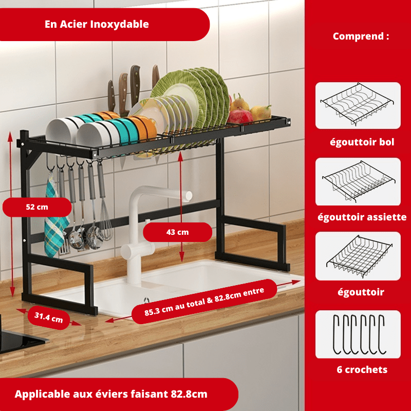 Egouttoir Vaisselle Surélevé Noir Inox, 4 supports 85.3 x 31.5 x 52 / Noir / Acier Inoxydable