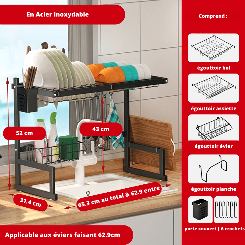 Egouttoir Vaisselle Surélevé Noir Inox, 6 supports 65.3 x 31.4 x 52 / Noir / Acier Inoxydable